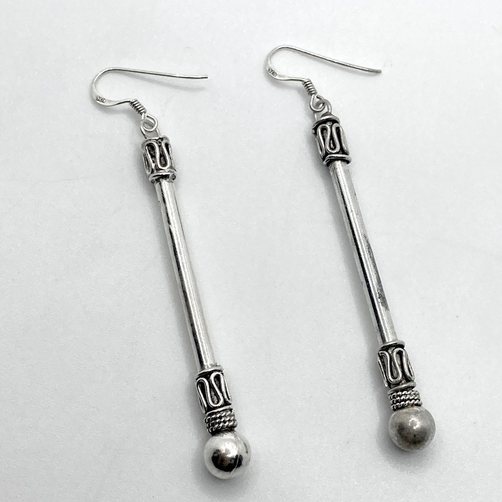 Vtg Sterling Earrings Tribal Style Design Long Ball Tip Hook Earrings 2.6”